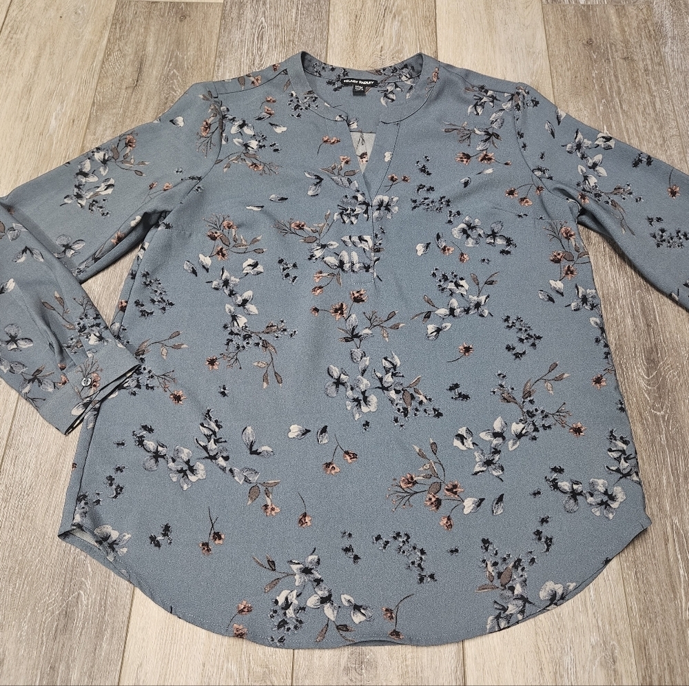 Hilary Radley Dusty Blue Floral Long Sleeve Blouse
